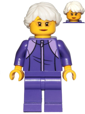 Display of LEGO City Grandmother, Dark Purple Tracksuit, White Hair, Glasses
