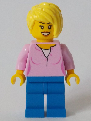 This LEGO minifigure is called, Toy Store Owner, Bright Pink Female Top, Blue Legs . It's minifig ID is cty1047.