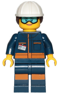 This LEGO minifigure is called, Ground Crew Technician, Female, Dark Blue Jumpsuit, White Construction Helmet with Dark Brown Ponytail Hair, Light Blue Goggles . It's minifig ID is cty1060.