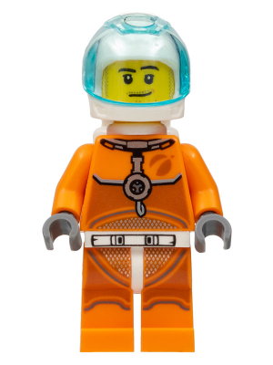 This LEGO minifigure is called, Astronaut, Male, Orange Spacesuit with Dark Bluish Gray Lines, Trans Light Blue Large Visor, Stubble, Moustache and Sideburns . It's minifig ID is cty1061.
