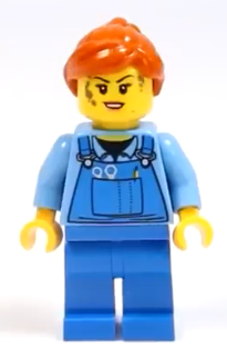 Display of LEGO City Mechanic Female, Medium Blue Shirt and Blue Overalls, Dark Orange Ponytail