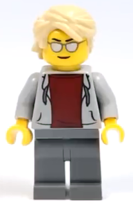 Display of LEGO City Sports Car Driver, Light Bluish Gray Hoodie with Dark Red Shirt, Tan Hair Swept Back Tousled