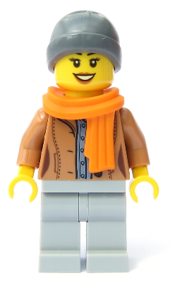 Display of LEGO City Customer, Female, Medium Nougat Jacket, Scarf, Ski Beanie Hat
