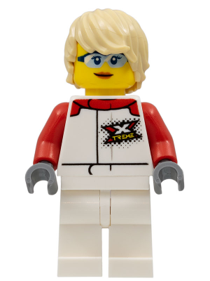 Display of LEGO City Female, White and Red Jumpsuit with 'XTREME' Logo, Tan Tousled Hair, Sunglasses and Closed Mouth Grin
