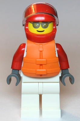 Display of LEGO City Male, White and Red Jumpsuit with 'XTREME' Logo, Red Helmet, Orange Life Jacket, Sunglasses