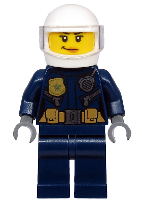 This LEGO minifigure is called, Police, ATV Driver Female, Leather Jacket with Gold Badge and Utility Belt, White Helmet, Trans-Clear Visor, Peach Lips Smirk . It's minifig ID is cty1132.