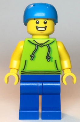 This LEGO minifigure is called, Skateboarder, Male, Lime Hoodie, Blue Legs, Dark Azure Helmet . It's minifig ID is cty1138.