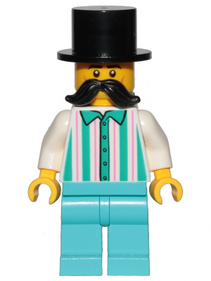 Display of LEGO City Fairground Employee, Male, Black Top Hat, Moustache, White Shirt with Stripes, Medium Azure Legs