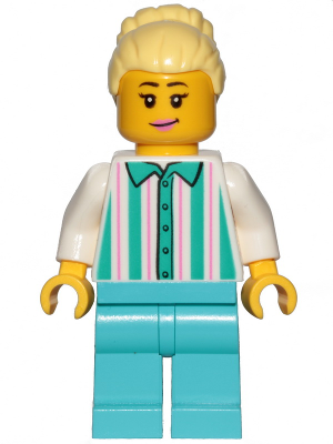 Display of LEGO City Fairground Employee, Female, Bright Light Yellow Hair with High Bun, White Shirt with Stripes, Medium Azure Legs