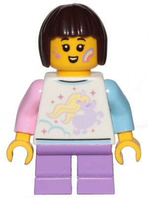 Display of LEGO City Child Girl, Shirt with Unicorn, Medium Lavender Short Legs, Dark Brown Hair Short, Bob Cut