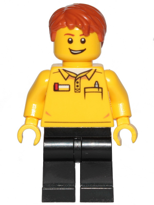 Display of LEGO City LEGO Store Employee, Black Legs, Dark Orange Tousled Hair, Lopsided Grin