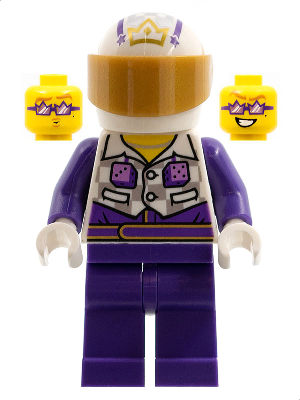 Display of LEGO City Stuntz Driver, Selfie Stunt, Gold Crown Helmet, Purple Legs