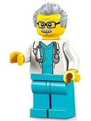Display of LEGO City Doctor, Male, White Lab Coat with Stethoscope, Medium Azure Scrubs, Light Bluish Gray Hair, Glasses