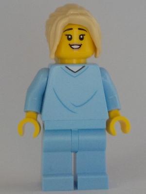Display of LEGO City Mother, Bright Light Blue Hospital Gown, Tan Hair