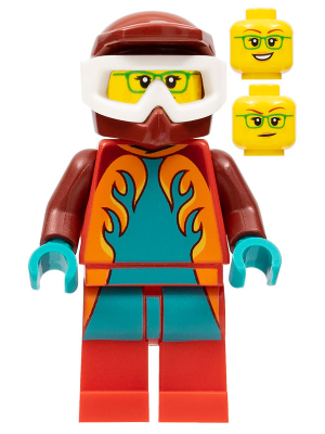 This LEGO minifigure is called, Freya McCloud, Stuntz Driver, Wheelie Stunt, Dark Red Dirtbike Helmet, Red Legs, Dark Turquoise and Orange Flames *Never assembled. It's minifig ID is cty1351.