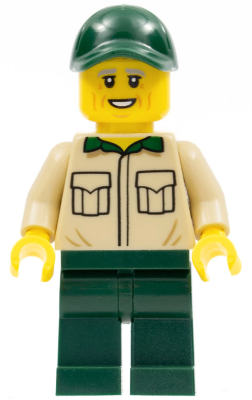 Display of LEGO City Park Worker, Male with Tan Shirt with Pockets, Dark Green Legs and Cap