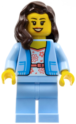 Display of LEGO City Female, White Shirt with Coral Flowers, Bright Light Blue Jacket and Legs, Dark Brown Hair