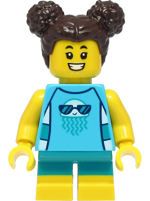 This LEGO minifigure is called, Girl, Medium Azure Sleeveless Jellyfish Shirt, Dark Turquoise Short Legs, Dark Brown Hair . It's minifig ID is cty1386.