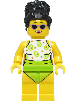 Display of LEGO City Beach Tourist, Female, White and Lime Swimsuit, Black Hair