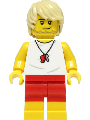 Display of LEGO City Beach Lifeguard, Male, White Shirt, Red Shorts, Tan Hair