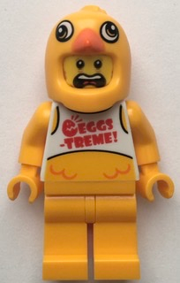 This LEGO minifigure is called, Clemmons, Stuntz Driver, Bright Light Orange Chicken Head Helmet, White Tank Top with 'EGGS-TREME!', Bright Light Orange Legs *Never assembled with hair from 60310. It's minifig ID is cty1398.