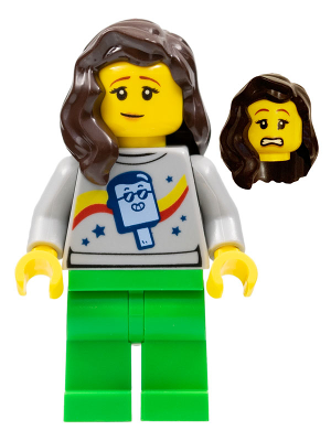 This LEGO minifigure is called, Stuntz Spectator, Female, Popsicle Shirt, Bright Green Legs, Dark Brown Hair . It's minifig ID is cty1454.