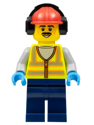 This LEGO minifigure is called, Stuntz Crew, Male, Neon Yellow Safety Vest, Dark Blue Legs, Red Construction Helmet with Black Ear Protectors . It's minifig ID is cty1455.