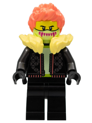 This LEGO minifigure is called, Stuntz Driver, Male, Black Jacket and Legs, Bright Light Yellow Fur Collar, Coral Spiked Hair, Yellowish Green Mask . It's minifig ID is cty1457.
