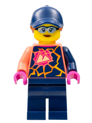 This LEGO minifigure is called, Stuntz Crew, Female, Coral Shirt with Sports Logo, Dark Blue Legs, Dark Blue Cap with Dark Orange Ponytail, Glasses . It's minifig ID is cty1458.