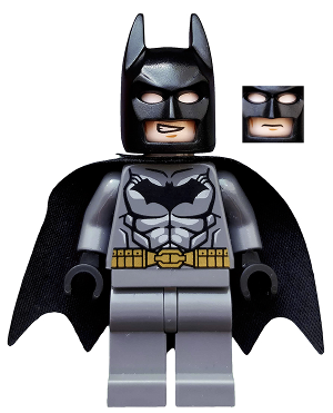 This LEGO minifigure is called, Batman, Dark Bluish Gray Suit, Gold Belt, Black Hands, Starched Cape . It's minifig ID is dim002.