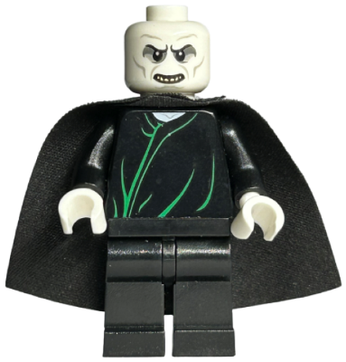 This LEGO minifigure is called, Lord Voldemort, White Head, Black Cape, Green Robe Lines . It's minifig ID is dim037.