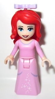 This LEGO minifigure is called, Ariel, Human, Bright Pink Dress with White Stars, Lavender Bow . It's minifig ID is dp004.