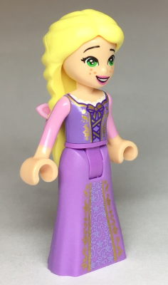This LEGO minifigure is called, Rapunzel, Gold Laced Dress and Flower in Hair . It's minifig ID is dp061.