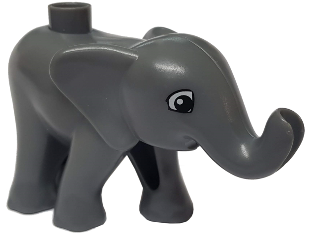 Display of LEGO part no. eleph5c01pb01 Duplo Elephant Baby, Walking, Eyes Squared Pattern  which is a Dark Bluish Gray Duplo Elephant Baby, Walking, Eyes Squared Pattern 