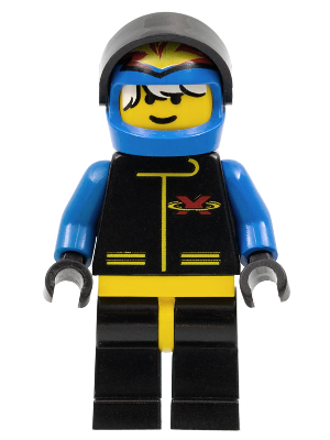This LEGO minifigure is called, Extreme Team, Blue, Blue Flame Helmet, White Bangs Messy Hair . It's minifig ID is ext001a.
