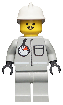 This LEGO minifigure is called, Fire, Air Gauge and Pocket, Light Gray Legs, White Fire Helmet . It's minifig ID is firec007.