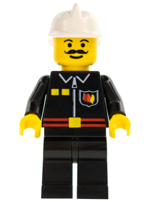 This LEGO minifigure is called, Fire, Flame Badge and 2 Buttons, Black Legs, White Fire Helmet . It's minifig ID is firec017.