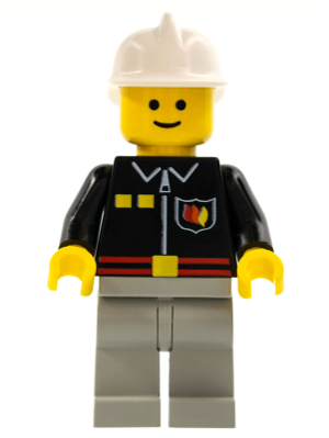 Display of LEGO City Fire, Flame Badge and 2 Buttons, Light Bluish Gray Legs, White Fire Helmet