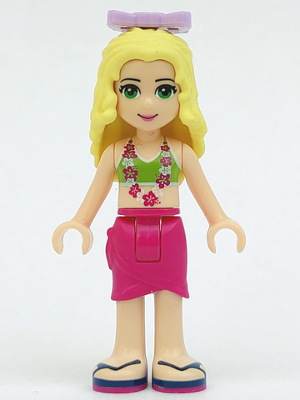 Display of LEGO Friends Friends Isabella, Magenta Wrap Skirt, Lime Bikini Top, Bow