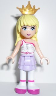 Display of LEGO Friends Friends Stephanie, Lavender Layered Skirt, White Top with Star Belt, Gold Tiara