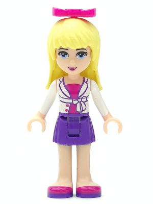 Display of LEGO Friends Friends Stephanie, Dark Purple Skirt, Magenta Top with White Jacket, Magenta Bow