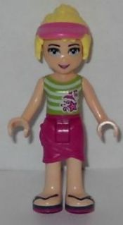 Display of LEGO Friends Friends Stephanie, Magenta Wrap Skirt, Green Top with White Stripes, Hair with Visor
