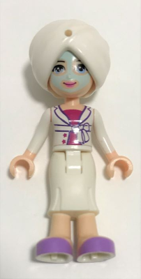 Display of LEGO Friends Friends Sophie, White Long Skirt, Magenta Top with White Jacket, White Turban, Light Aqua Mask
