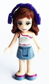 This LEGO minifigure is called, Friends Olivia, Sand Blue Skirt, White One Shoulder Top with Magenta Trim,  Headphones . It's minifig ID is frnd109.