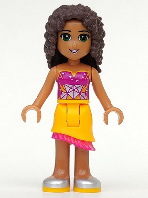 Display of LEGO Friends Friends Andrea, Bright Light Orange Asymmetric Skirt with Magenta Fringe, Magenta Top with White Geometric Heart