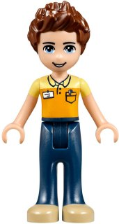 This LEGO minifigure is called, Friends Daniel, Dark Blue Trousers, Orange and Bright Light Yellow Polo Shirt . It's minifig ID is frnd138.
