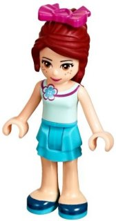 This LEGO minifigure is called, Friends Mia, Medium Azure Layered Skirt, Light Aqua Top with Flower, Magenta Bow . It's minifig ID is frnd139.