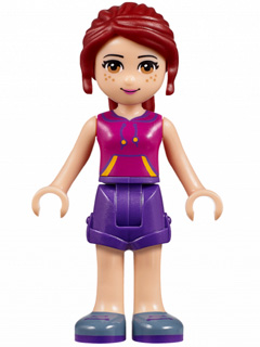 This LEGO minifigure is called, Friends Mia, Dark Purple Shorts, Magenta Top with Orange and Dark Purple Stripes . It's minifig ID is frnd141.