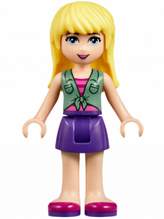 Display of LEGO Friends Friends Stephanie, Dark Purple Skirt, Sand Green Knotted Blouse Top over Magenta and Pink Striped Shirt