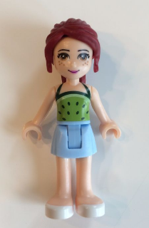This LEGO minifigure is called, Friends Mia, Bright Light Blue Skirt, Lime Halter Top with Dark Green Dots . It's minifig ID is frnd166.